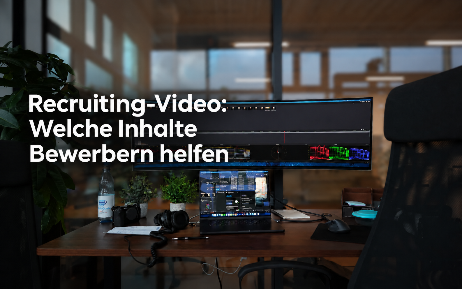 Recruiting-Video: Welche Inhalte Bewerbern helfen – Titel auf einem Foto des Videoschnitt-Arbeitsplatzes