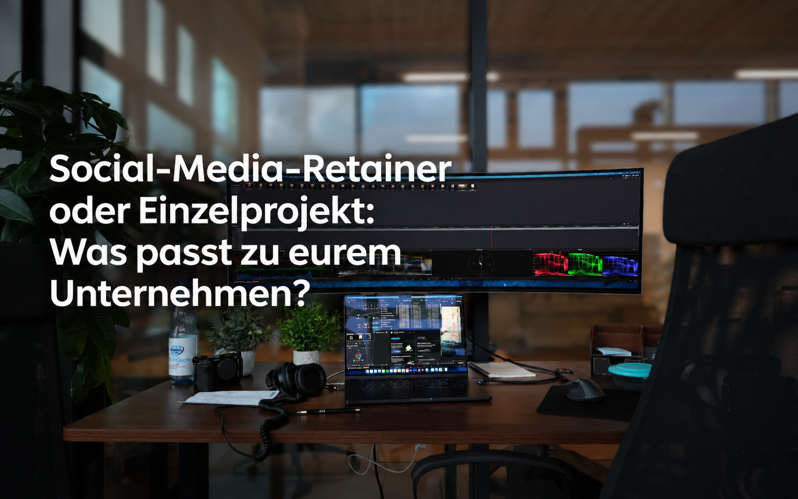 Social-Media-Retainer oder Einzelprojekt: Was passt zu eurem Unternehmen? – Titel auf einem Foto des Videoschnitt-Arbeitsplatzes
